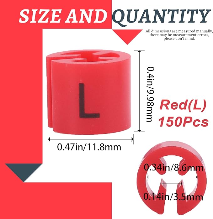 Swpeet 150Pcs Red【 Sizes L 】 Plastic Clothes Hanger Size Markers Color-Coding Hanger Sizes Hangers Tags Marker Garment Size for Wire Hangers Clothing Hangers with Storage Box