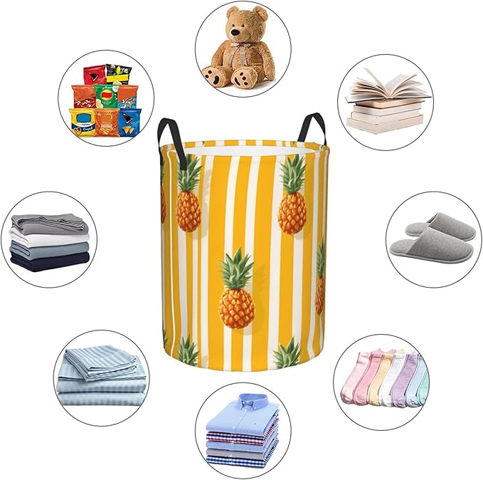 Tropical Pineapple Pattern with Yellow Stripes, Polyester Storage Basket, For Bathroom/Laundry Storage/Bedroom 19.6x15.7 Inch