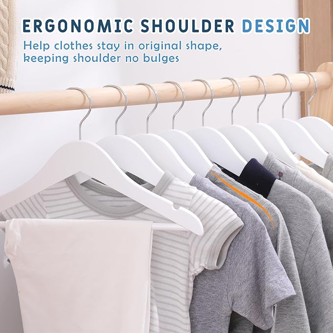 Kids Wooden Hangers 20 Pack, White Wooden Baby Hangers with Smooth Finish, Solid Wood Children Hanger for Clothes with Precisely-Cut Notches, Swivel Hook Baby Clothes Hanger for Closet