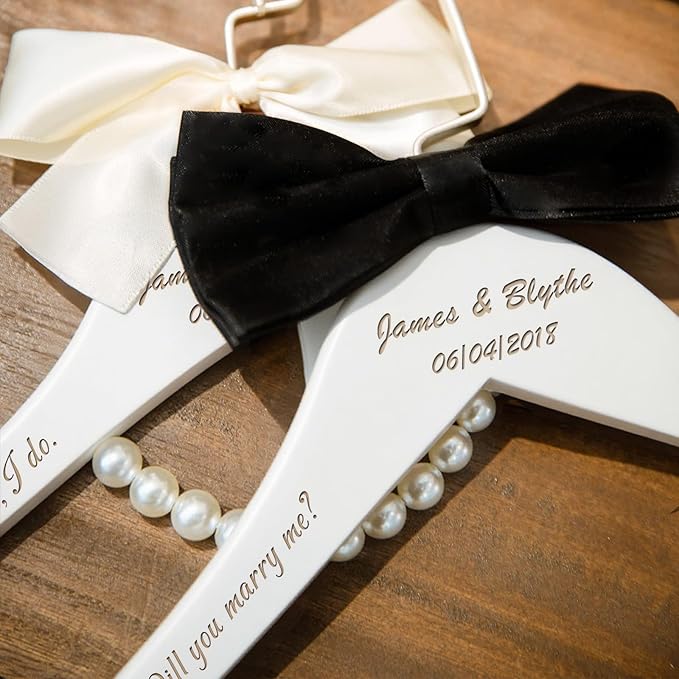2 Pcs Personalized Wedding Hanger for Bride and Groom, Wooden Bride Hanger, Custom Mr and Mrs Hangers with Bow Tie for Tuxedo, Bridal Party Shower, Wedding Gift