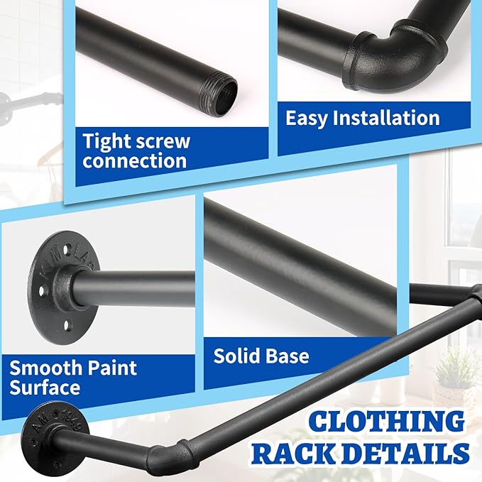 21" Industrial Pipe Clothing Rack,2pcs Black Heavy Duty Wall Mounted Clothe Racks,Multi Functional Clothes Hanger, Laundry Room, Closet Storage,Retail Display of Wardrobe