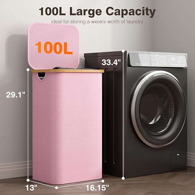 100L Laundry Hamper with Lid, Large Laundry Basket with Bamboo Handles, Clothes Hampers for Laundry with Removable Bag, Dirty Clothes Hampers for Bedroom Aesthetic, Pink