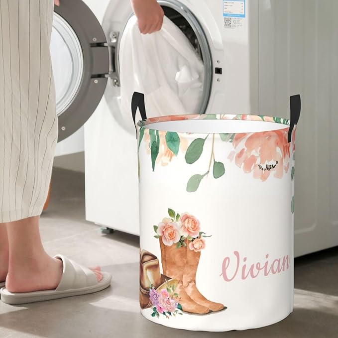 Personalized Laundry Basket for Nursery, Custom Nursery Laundry Hamper with Name, Customize Baby Clothes Circular Hamper for Boys Girls Room Decor, Cowgirl