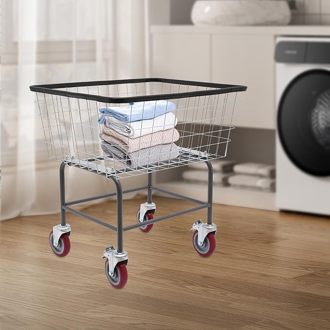 Steel Wire Laundry Cart with Wheels, Heavy-Duty Commercial Laundry Basket, 110 lbs Capacity Rolling Laundry Hamper for Home, Hotel, and Laundry Room