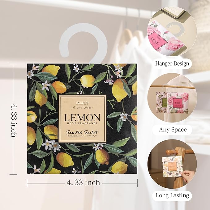 12 Pack Large Lemon Scented Sachets – Hanging Closet & Drawer Deodorizer & Air Freshener, Long-Lasting Aroma