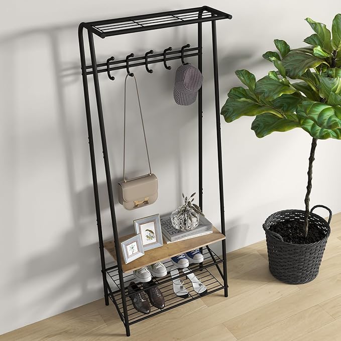 GAOMON Coat Rack, Hall Tree with Shoe Storage Bench, 3-in-1, Multifunctional Hallway Organizer, Shoe Storage with Coat Rack Stand, 5 Hooks, for Entryway