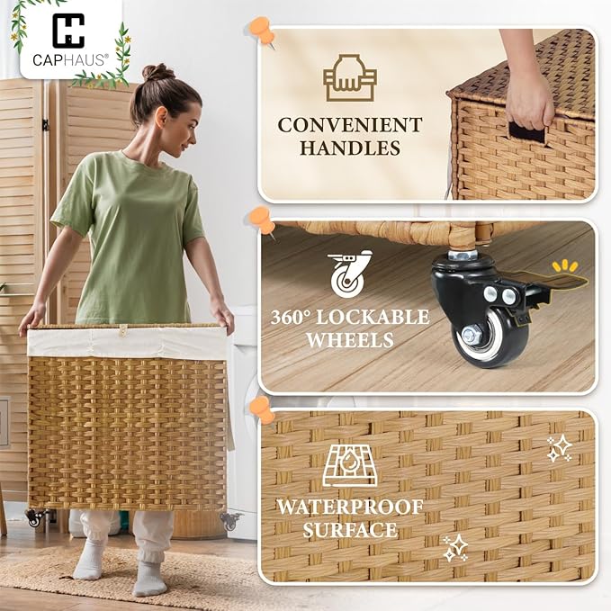 CAPHAUS Handwoven Basket w/Lid for Storage, Synthetic Rattan Laundry Hamper w/Wheels, Clothes Hamper for Laundry, Laundry Basket w/Lid, Removable Liner Bags, Mesh Bags, Pulling Strap, 140L, Grey