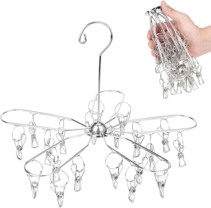 Foldable Clothes Drying Hanger Stainless Steel Laundry Drying Rack with 20 Clips, Sock Dryer Hanger for Hanging Underwear, Towels, Baby Clothes, Lingerie, Bra, Hat, Scarf, Gloves, Diapers