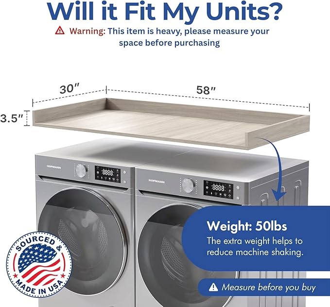OfficeSimpli Washer Dryer Countertop, Made in USA, Non-Slip Pads, Laundry Room Wood Topper, Washer Dryer Cover for Top, Laundry Countertop, Laminate Finish (Rustic Oak, Large (30" x 58"))