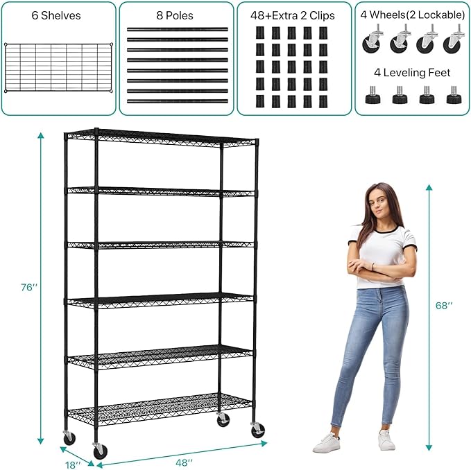 6-Tier Heavy Duty Wire Shelving Unit with Wheels or Leveling Feet, 6000 LBS Total Capacity, Adjustable Metal Storage Rack for Garage, Pantry, Kitchen, Basement, 48" W x 18" D x 76" H, Black