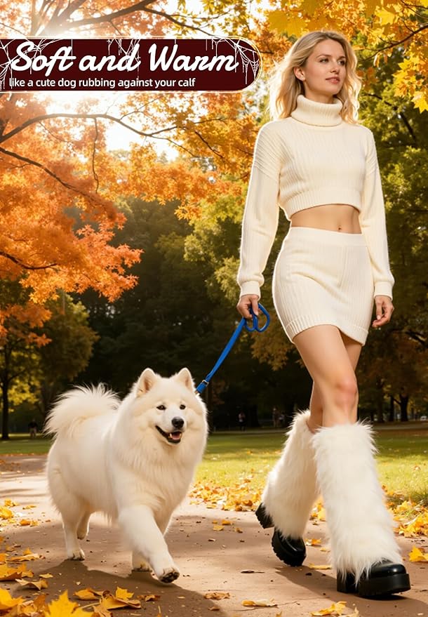 Zando Furry Faux Fur Leg Warmers for Women - Soft Fluffy Legwarmer Winter Boot Cuffs Covers for Daily Halloween Santa Costume