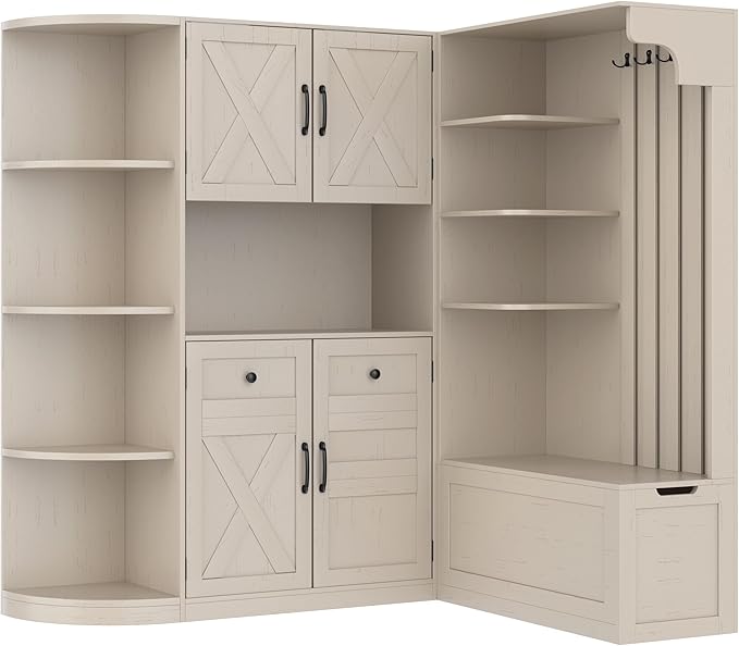 66" H Hall Tree with 4 Hooks, Open Shelving and Flip Hidden Shelf, Multifunctional Left-Right Combination Coat Rack (can be Used Separately), Entryway Bench for Living Room, Hallway (Beige/35)