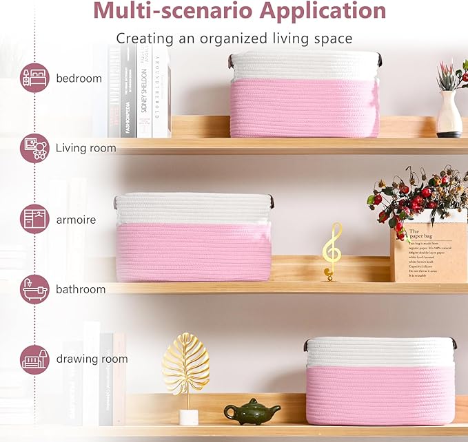 Cotton Rope Basket, Storage Baskets with Handle, 15x10x9 Inch Woven Basket for Shelves, Laundry, Towels, Clothes, Books (White/Pink 1Pack)