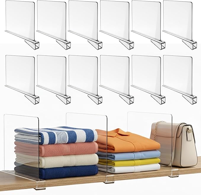 Acrylic Shelf Dividers for Closet Organization, 12-Pack Premium Quality Reinforced Material Closet Organizers and Storage, Perfect for Purse, Sweaters, Towels, Shoes, and Books Organization
