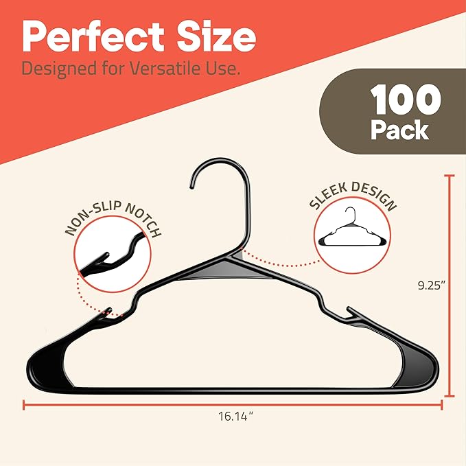 Black Plastic Hangers 100 Pack– Heavy-Duty Plastic Hangers Slim and Space-Saving, Durable and Lightweight PP with Non-Slip Shoulder Notches for Slip Dresses, Suits, Jackets & Camisoles
