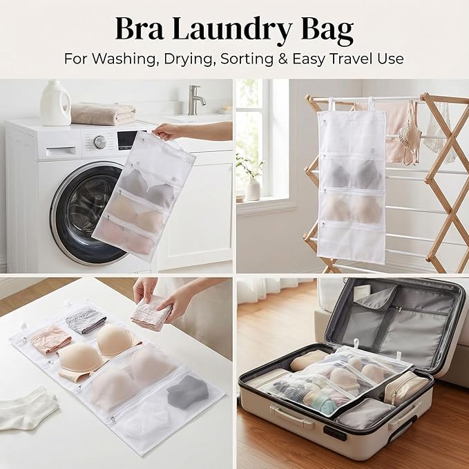 2 Pack Bra Laundry Bags for Washing Machine Bra Bags for Laundry 4-in-1 Mesh Bag for Washing, Drying, Storage and Dust Protection(A–D Cup Capacity)