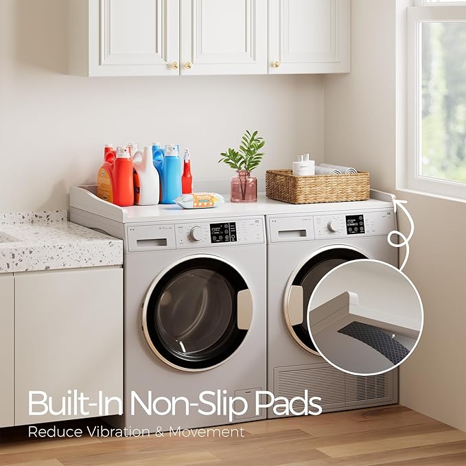 Washer Dryer Countertop, 54" W x 27.5"D Washer Dryer Topper with Non-Slip Mat, Laundry Countertop Organizer for Folding Clothes, White
