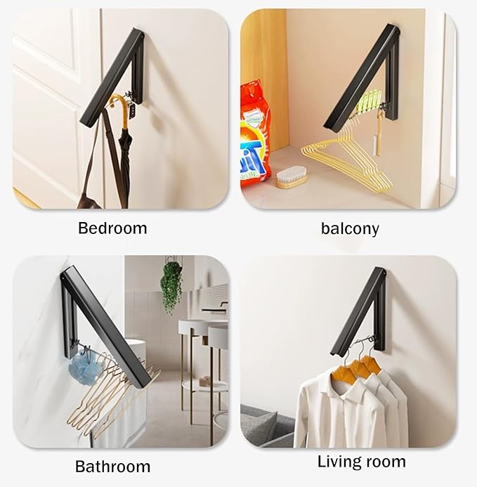 Folding Wall Mounted Drying Rack,Retractable Clothes Hanger, Aluminum Drying Coat Racks for Home Storage Organiser Space Saver with 2 Hooks - Black