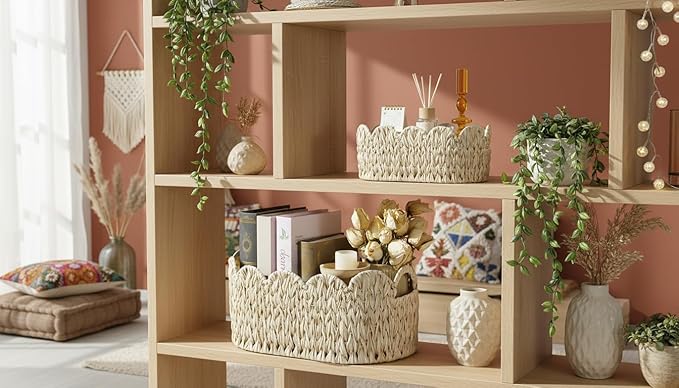 Wicker Scalloped Basket Set of 2,Woven Storage Baskets for Shelves,Closet,Laundry,Gifts,Towels,Books,Toys,Waterproof Boho Decor Basket for Organizing