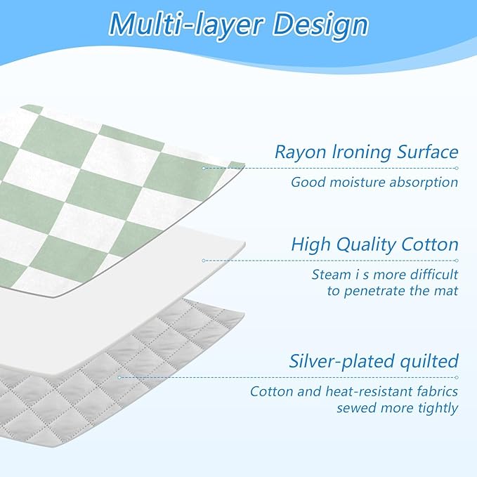 Checkered Green and White Png Ironing Mat Thickened Ironing Blanket Travel Portable Double-Side Using Ironing Pad Travel Isolate Heat Pad Cover for Washer Dryer Table Top Countertop 27.6x47.2in