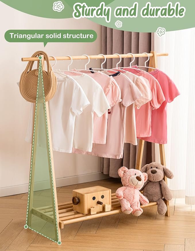 Kids Clothing Rack with Storage Shelf, Kids Dress Up Rack, Dance Costume Garment Rack for Hanging Clothes,Garment Rack for Hanging Clothes Organizer, Bamboo (Natural)