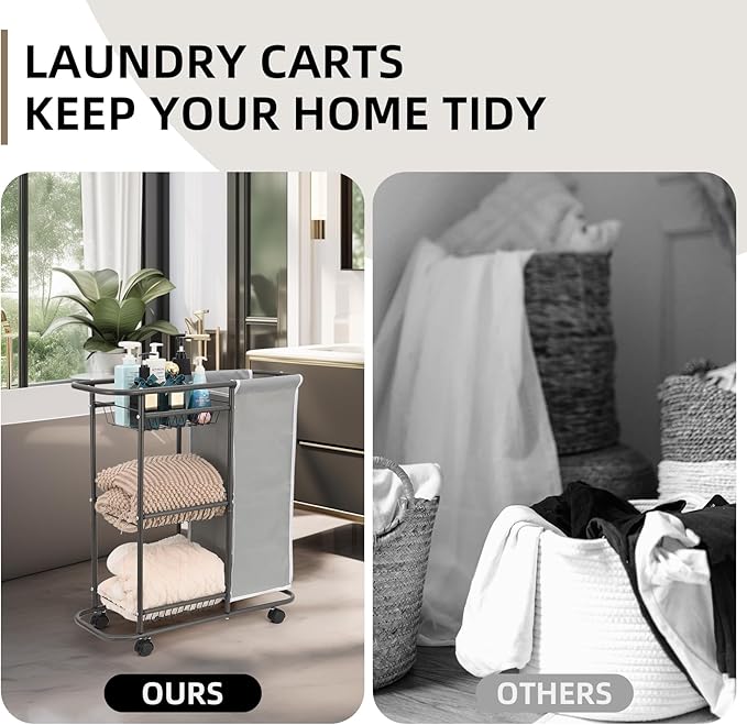 Rolling Laundry Cart with Wheels, 3-Tier Laundry Caddy Between Washer and Dryer, Heavy Duty Rolling Laundry Basket with 45L Bag for Narrow Space Laundry Room, Bathroom, Bedroom, Gray