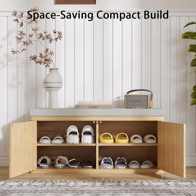 Double Layered Shoe Cabinet with Bench,Wooden Shoe Bench with Soft Cushion,Double Door without Handle Pressing Spring,Fluted Panel,Suitable for Entrance,Corridor and Living Room (Shoe Bench-Light Oak)