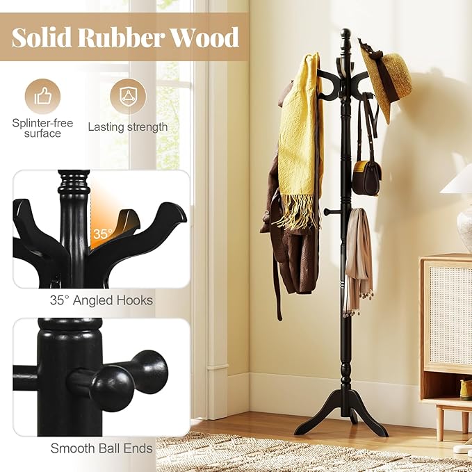 Tangkula Coat Rack Freestanding, Solid Rubber Wood Coat Tree with 11 Hooks and 3 Height Options for Coats, Hats, Bags, Purses, Clothes, Hanger Stand for Entryway Hallway Bedroom Office (Black)