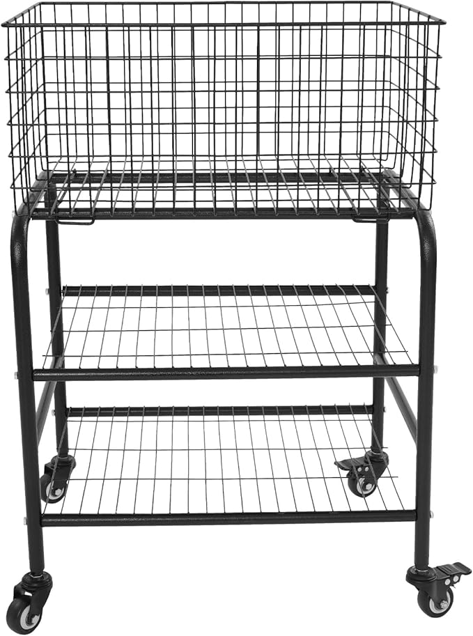Wire Rolling Laundry Baskets with Wheels, 3 Tier Garment Storage Cart, Commercial Wire Laundry Cart, 66lbs Load Capacity, Garment Metal Rack for Clothes Wash and Dry Sort (Black)