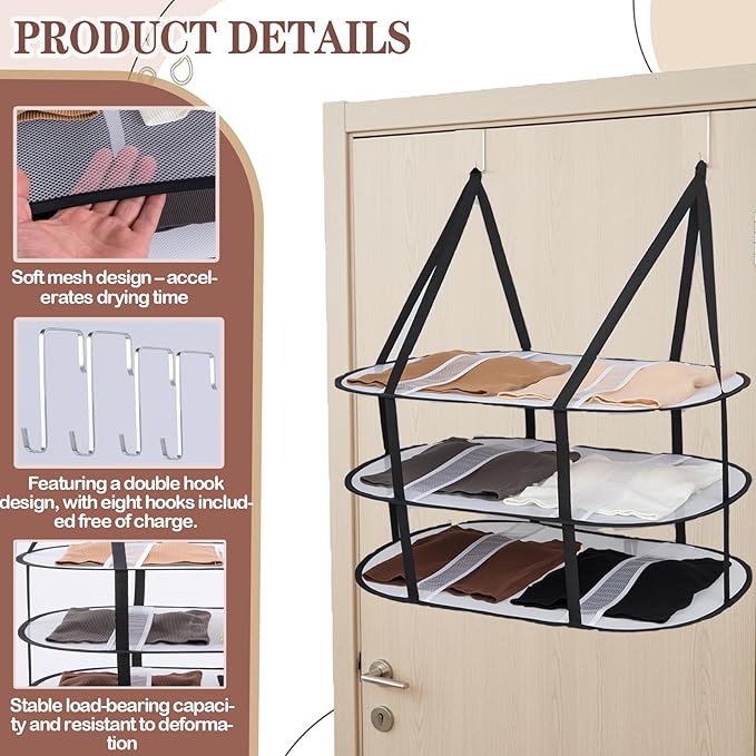 CINPIUK 2 Pcs 3-Tier Upgrade Sweater Drying Rack Over The Door, Foldable Mesh Hanging Dryer Flat with Hooks, Large Breathable Laundry Drying Hanger, Clothes Lay Flat Dryer for Dorms Bathrooms