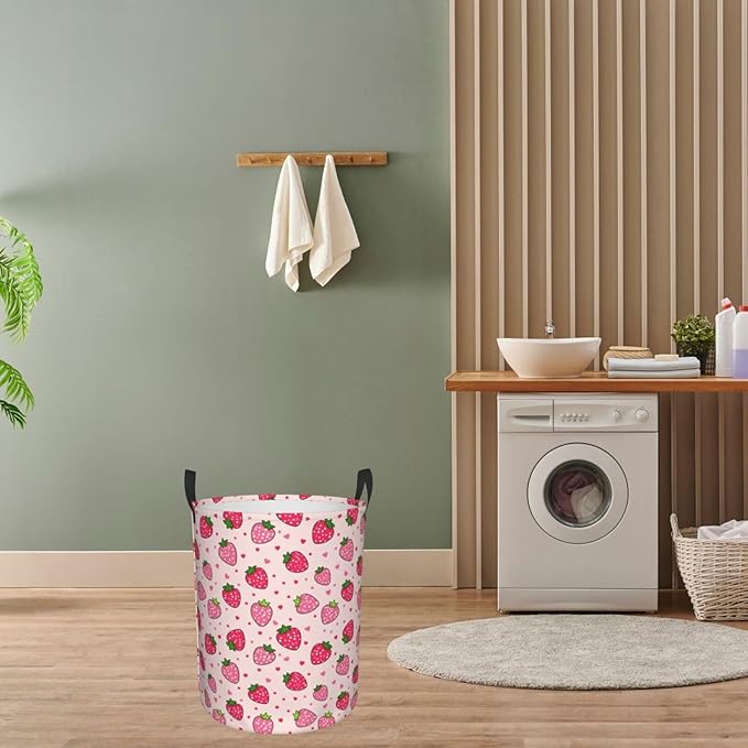 Dujiea Pink Strawberry Laundry Basket Round with Handle, Collapsible Foldable Canvas Storage Bin Dirty Clothes Bag for Laundry/Toys Organizer/College Dorm/Nursery/Decor(2 Sizes)