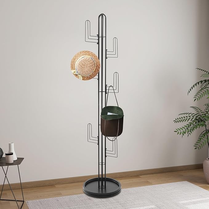 Cactus Coat Rack, Freestanding Coat Rack With 6 Hooks, Modern Metal Coat Racks with Round Base, Gold Cactus Shape Clothing Stand for Bedroom, Office (White)