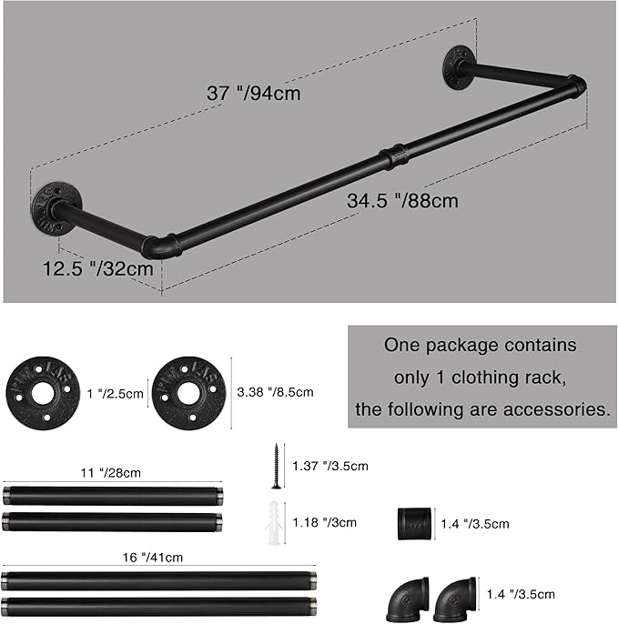 AddGrace Industrial Pipe Clothes Rack Black Wall Mounted Clothing Rack for Hanging Clothes 34.5 Inch Multi-Purpose Garment Bar for Wardrobe and Laundry Room 1 Pack