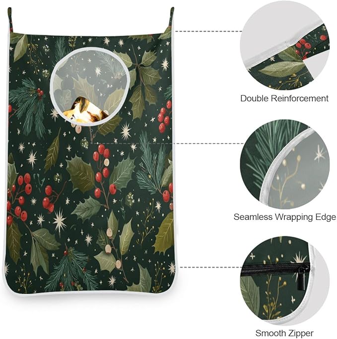 Green Christmas Holly Berries Pine Needles Leaves Hanging Laundry Hamper Door Hampers Bag Basket with Stainless Steel Hooks Oxford Fabric Printing Decorative Clothes Bags 29.5X20inch 2Pack