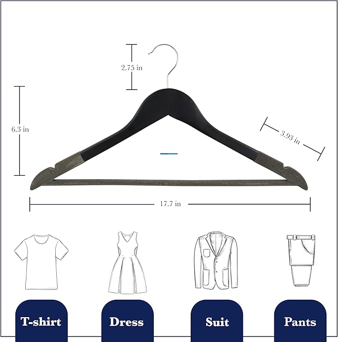 Black Wooden Hangers 20 Pack – Luxury Non-Slip Clothes Hangers for Suits, Pants & Coats – Velvet Bar & 360° Hook – Durable Wooden Coat Hangers for Men & Women- Heavy-Duty for Business & Homes SAMSARC