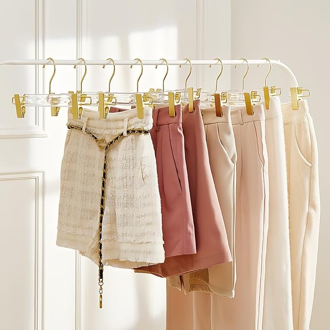 Acrylic Pants Hanger with Gold Hook Transparent Hanger Golden Clip Suitable for Skirts, Pants