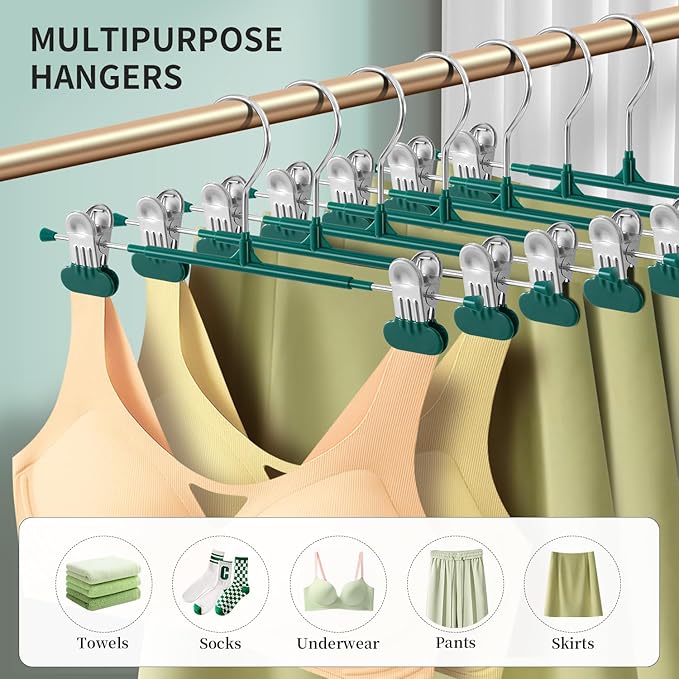 14Inch Clothes Pants Hangers with WideClips 10 Pack,Non-Slip Adjustable Skirt Hanger for Women,Space-Saving Heavy Duty Men Hangers for Pants,Trousers,Jeans,Shorts,Green