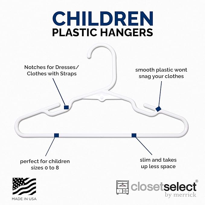 Childrens Hangers 30 Pack - 11.75 Inch Plastic Kids Hangers for Closet, Baby Hangers for Children Clothes Sizes 0 to 8, Non-Slip Infant Hangers with Shoulder Grooves, Made in USA | White