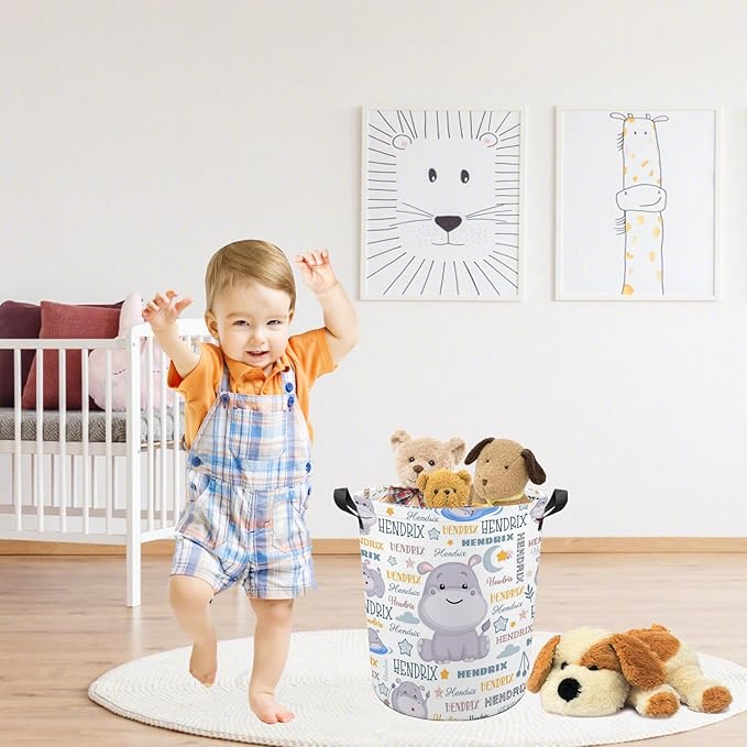 Hippo Laundry Basket,Personalized Laundry Hamper for Boys Girls,Custom Laundry Basket With Name, Customized Dirty Clothes Hamper for Bathroom Bedrooms,M-19.5"X 15.7"