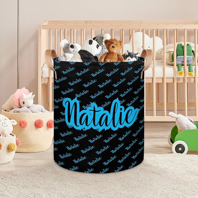 Personalized Laundry Basket, Custom Gift Laundry Hamper, Collapsible Nursery Waterproof Laundry Baskets, Dirty Clothes Toy Hamper with Handles Name Black Blue