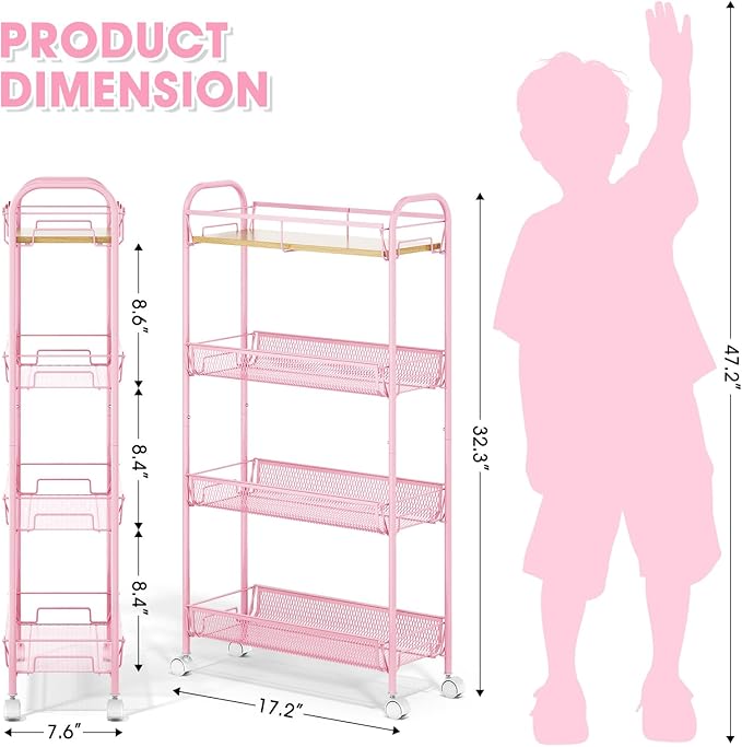 TOOLF 4-Tier Slim Rolling Cart, Metal Storage Cart with Wooden Tabletop and Mesh Baskets for Narrow Space on Kitchen Bathroom Laundry Room Bedroom Apartments Dormitory