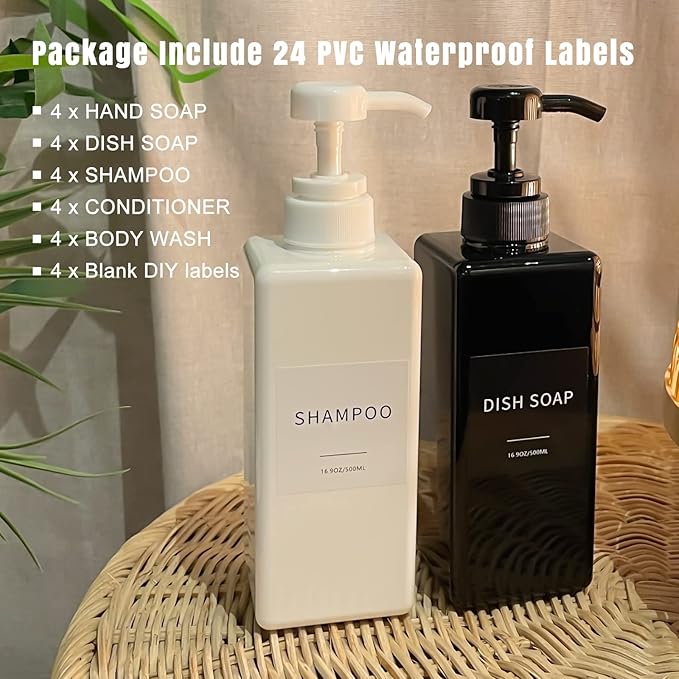 Soap Dispenser with Waterproof Labels, Thickened Plastic Hand Soap Dispenser for Bathroom, Kitchen Dish Washing Liquid Bottles, Shampoo and Conditioner Bottles with Funnel (16oz 4Pack Black White)
