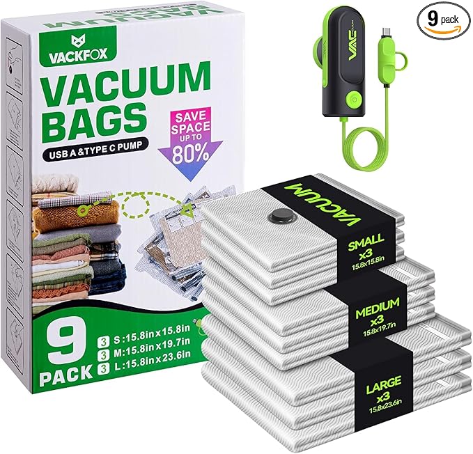 Travel Vacuum Storage Bags with USB and TYPE C Pump, 9 Pack Carry-On Size Compression Packing Bags for Luggage and Suitcase, Space Saver for Clothes and Clothing Travel（Green）