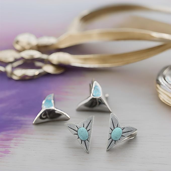 HHH Designs Antique Silver Collar Tips - Western Collar Stays - Silver Finish Turquoise Stone Collar Tips for Men and Women - Made in USA