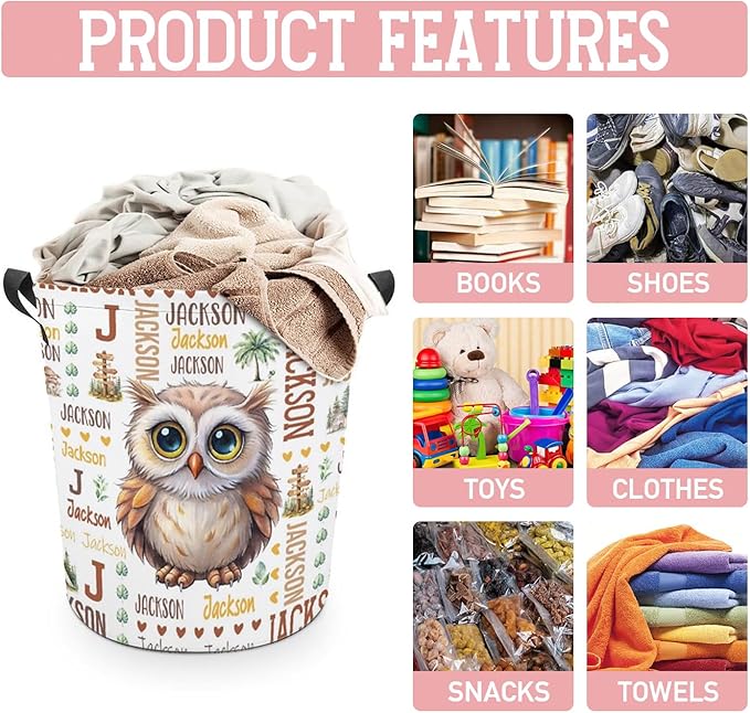 Owl Laundry Basket,Custom Laundry Hamper with Name,Personalized Owl Gifts for Boys Girls,Customize Collapsible Laundry Basket for Bedroom Bathroom,S-16.5"x 13.8"