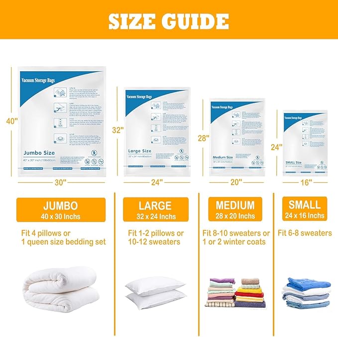 MEIQIHOME Vacuum Storage Bags, Space Saver Sealer Bags,Vacuum seal bags for clothing, Pillows, Comforters, Blankets, Bedding,8 MEDIUM