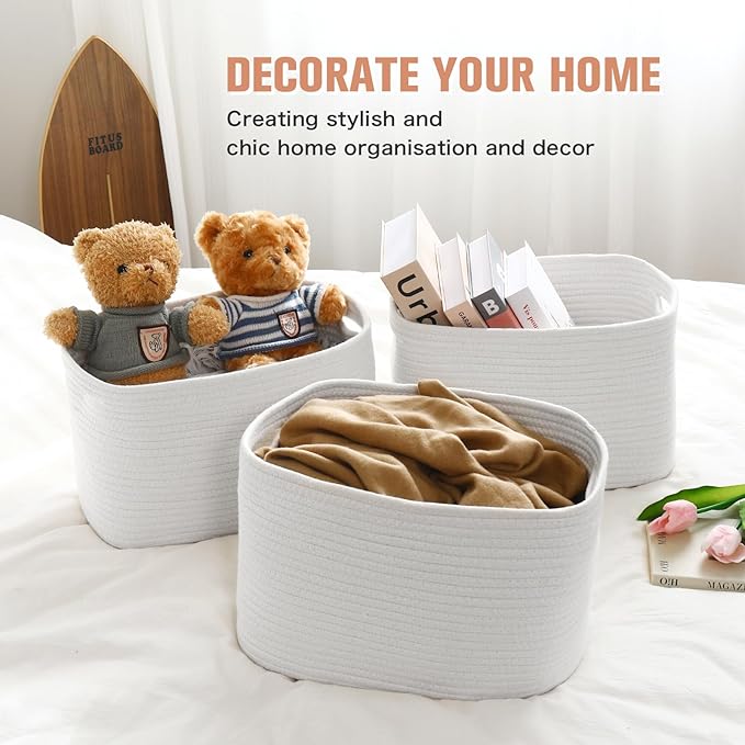 Cotton Rope Storage Basket, 15x10x9 Inches, Woven Basket for Shelves, Clothes, Towels, Books, and Laundry, White (2 Pack)