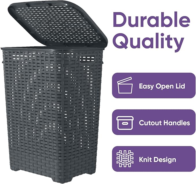 Plastic Laundry Hamper with Lid Laundry Hamper Basket, Grey Tall Cloths Hamper Organizer with Cut-out Handles. Space Saving for Laundry Room Bedroom Bathroom, Wicker Design 60 Liter