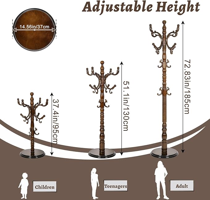 Wooden Coat Rack Freestanding with Resin Hooks, Adjustable Heavy Duty Stand for Hanging Coats, Bags, Hats, and Umbrellas in Living Room, Bedroom, Entryway (Walnut Color)