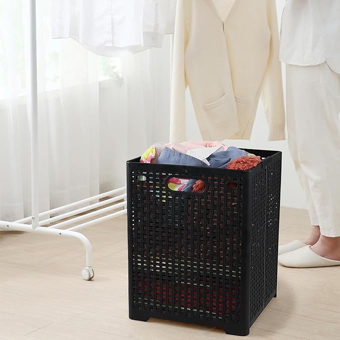 40 L Collapsible Plastic Clothes Laundry Basket Hamper, Tall Foldable Laundry Basket, Black